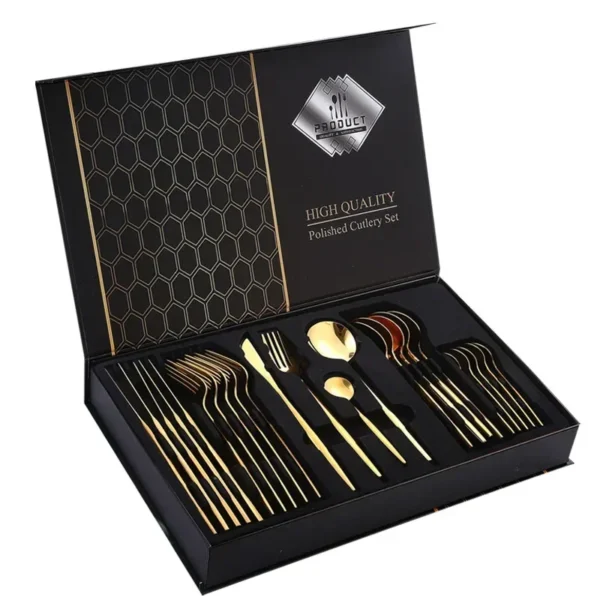 24Pcs Black Handle Golden Cutlery Set