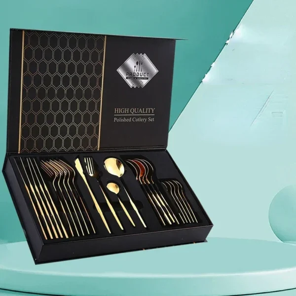 24Pcs Black Handle Golden Cutlery Set - Image 2
